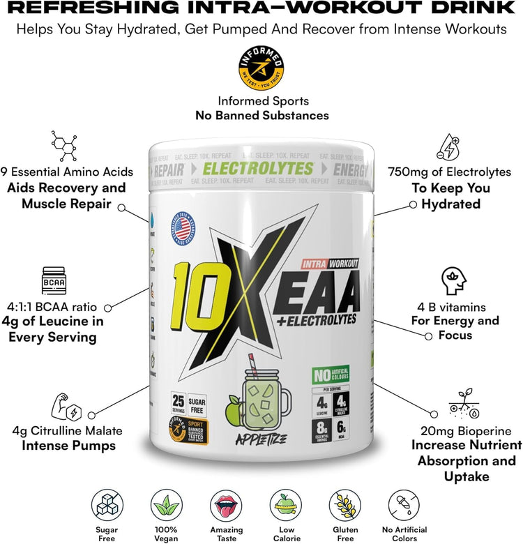 10X Athletic EAA Essential Amino Acids - Appletize, Muscle Recovery & Hydration, 450g, Vegan, Gluten & Lactose-Free, Supports Muscle Growth, Informed-Sport Certified