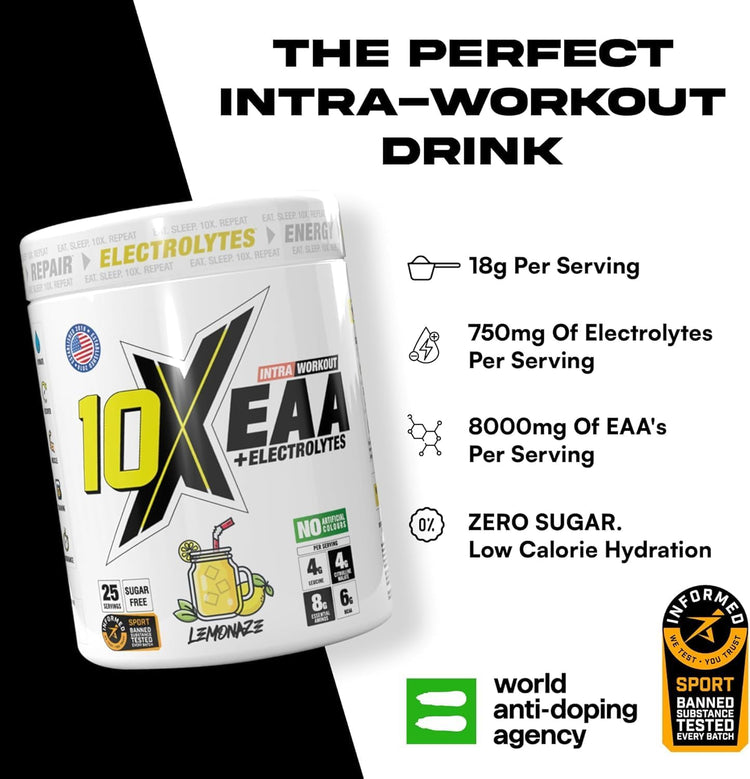 10X Athletic EAA Essential Amino Acids - Lemonaze, Muscle Recovery & Hydration, 450g, Vegan, Gluten & Lactose-Free, Supports Muscle Growth, Informed-Sport Certified