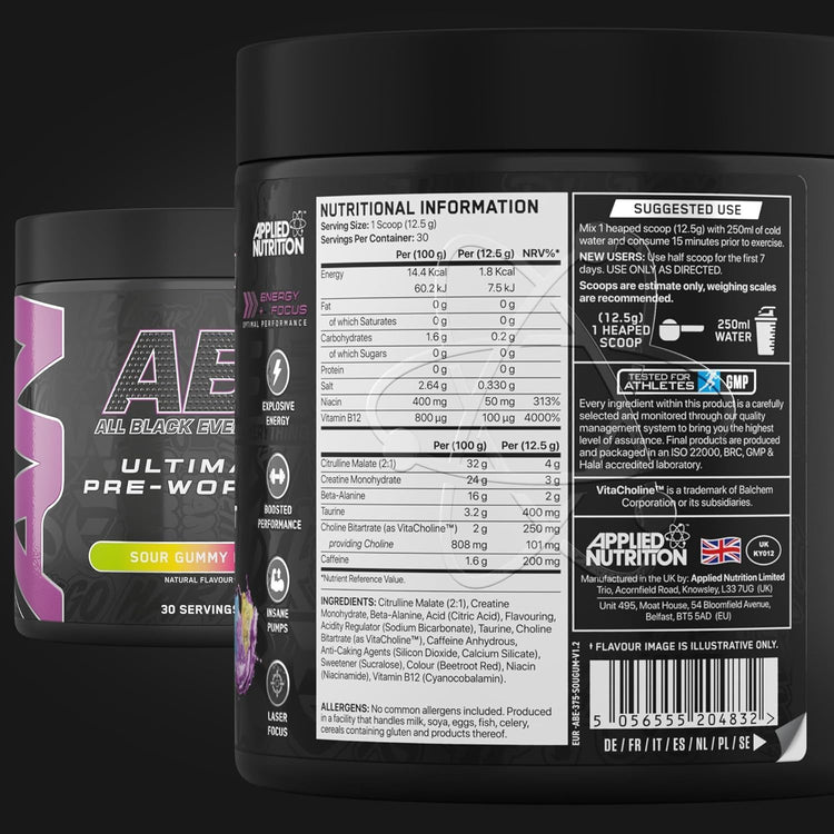 Applied Nutrition ABE (All Black Everything) 375g Sour Gummy Bear
