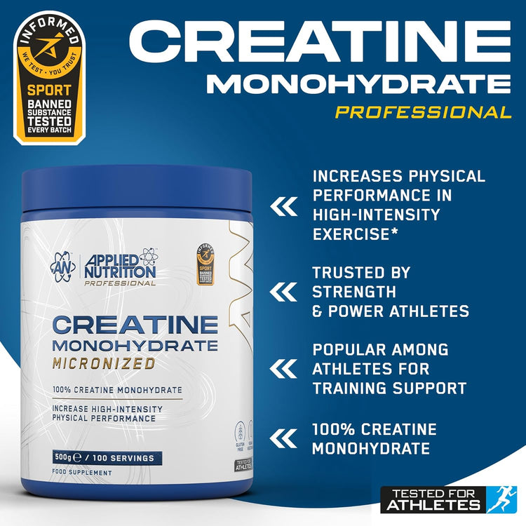 Applied Nutrition Creatine Monohydrate Powder 500g – 100% Micronized Creatine – 5g per Serving – Unflavoured – Supports High-Intensity Performance – 100 Servings
