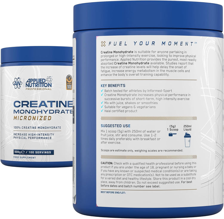 Applied Nutrition Creatine Monohydrate Powder 500g – 100% Micronized Creatine – 5g per Serving – Unflavoured – Supports High-Intensity Performance – 100 Servings