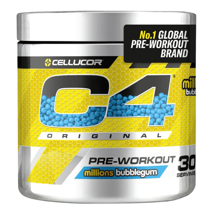 Cellucor C4 Original pre-workout supplement container with yellow and blue design.