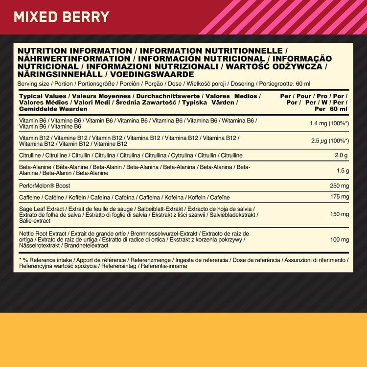 Optimum Nutrition Gold Standard Pre-Workout Shot 12x60ml Mixed Berry