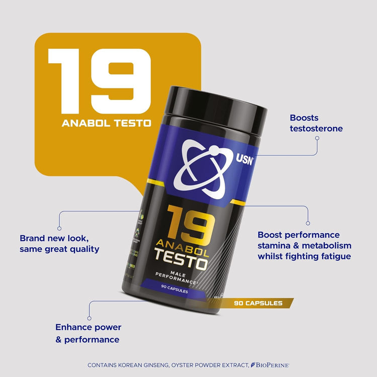 USN 19-Anabol Testo 90 Caps | Natural Testosterone Support | Muscle Growth, Strength & Recovery Booster | Anti-Catabolic Formula for Men