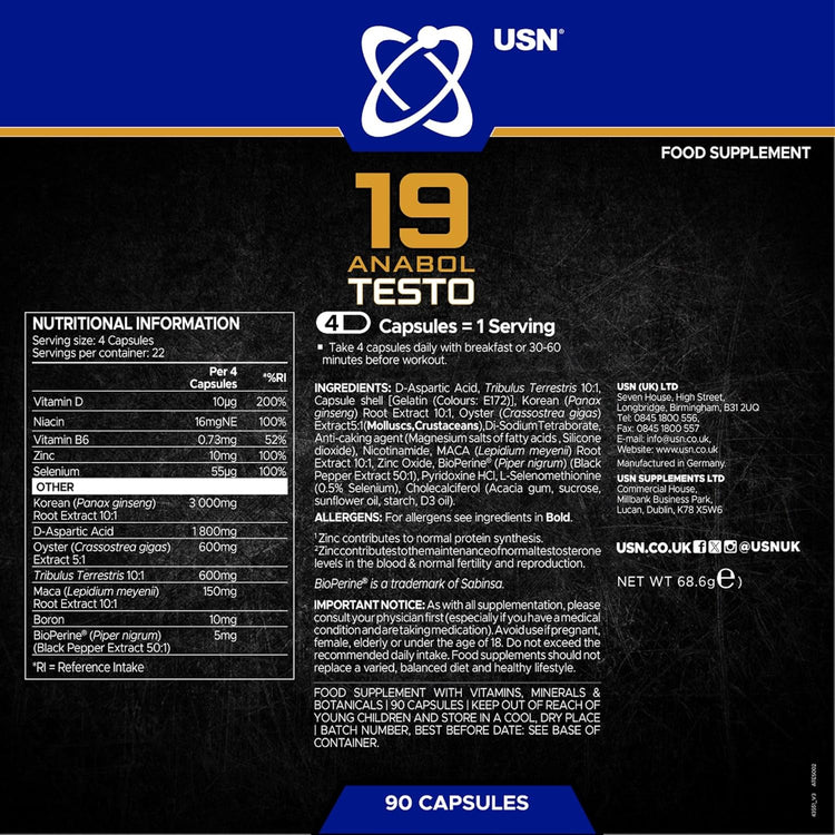 USN 19-Anabol Testo 90 Caps | Natural Testosterone Support | Muscle Growth, Strength & Recovery Booster | Anti-Catabolic Formula for Men