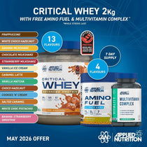 Applied Nutrition Critical Whey protein powder with Amino Fuel and Multivitamin Complex on a blue background