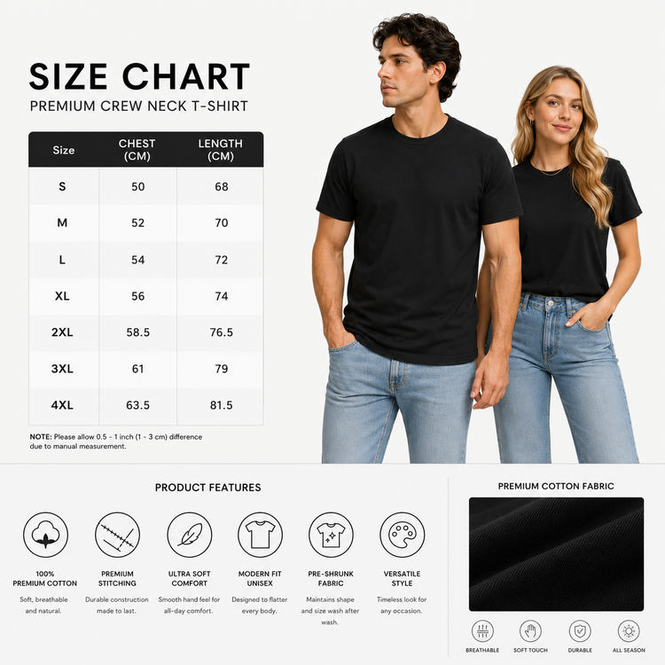 Essential Crew Neck T-Shirt – Black | 100% Cotton | 160 GSM | Regular Fit