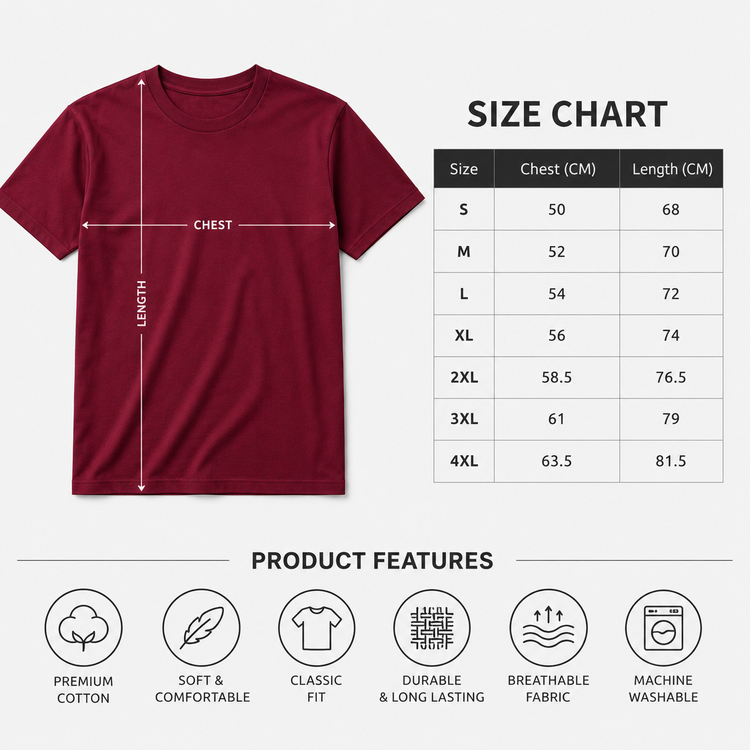 Essential Crew Neck T-Shirt – Burgundy | 100% Cotton | 160 GSM | Regular Fit