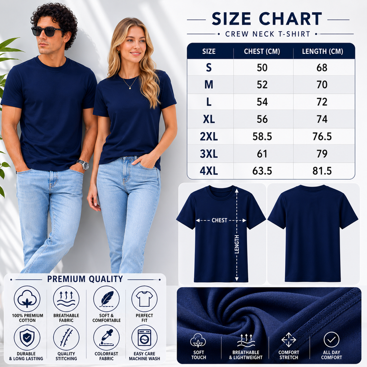 Essential Crew Neck T-Shirt – Navy | 100% Cotton | 160 GSM | Regular Fit