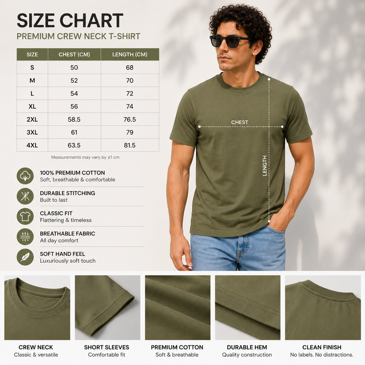Essential Crew Neck T-Shirt – Olive Green | 100% Cotton | 160 GSM | Regular Fit