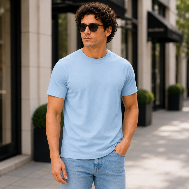 Essential Crew Neck T-Shirt – Sky Blue | 100% Cotton | 160 GSM | Regular Fit