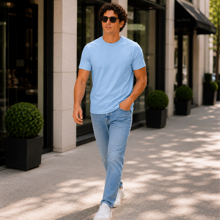 Essential Crew Neck T-Shirt – Sky Blue | 100% Cotton | 160 GSM | Regular Fit