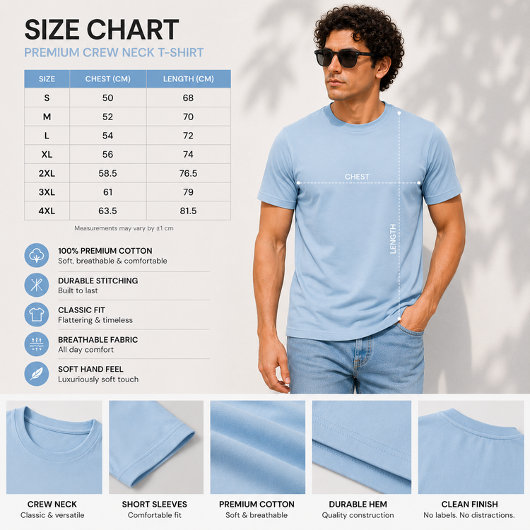 Essential Crew Neck T-Shirt – Sky Blue | 100% Cotton | 160 GSM | Regular Fit