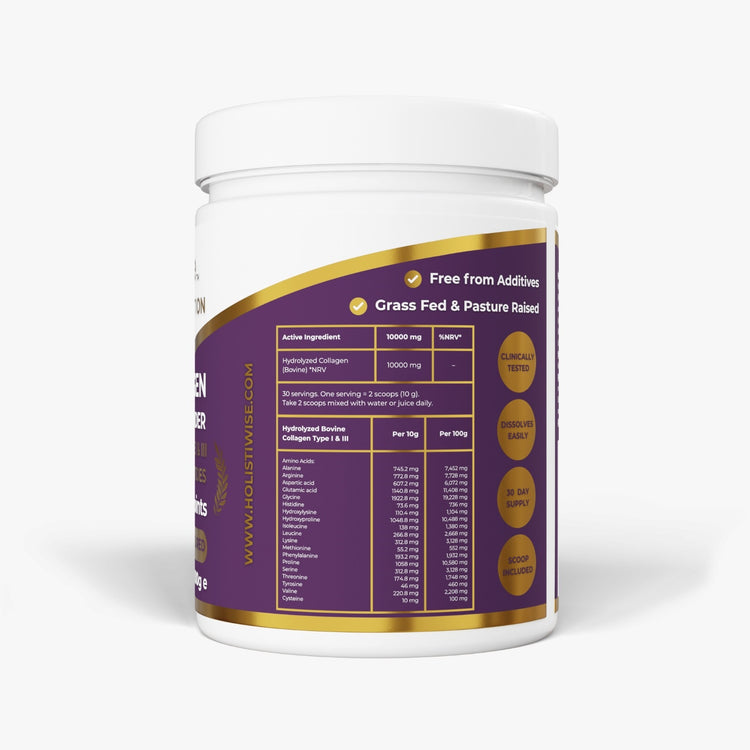 Hydrolysed Collagen Peptides Powder | 10,000mg | Type I & III | Halal | Grass Fed Bovine | Unflavoured 300g UK