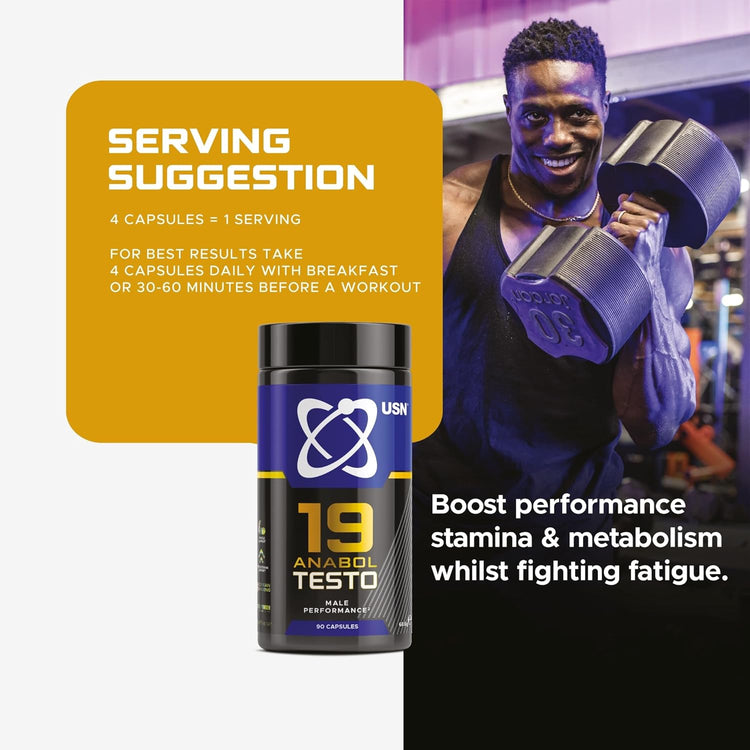 USN 19-Anabol Testo 90 Caps | Natural Testosterone Support | Muscle Growth, Strength & Recovery Booster | Anti-Catabolic Formula for Men