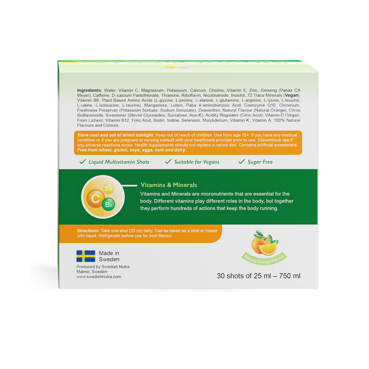 Swedish Nutra Super Multivitamin Vegan Immune Energy 30 Liquid Shots of 25ml Hal