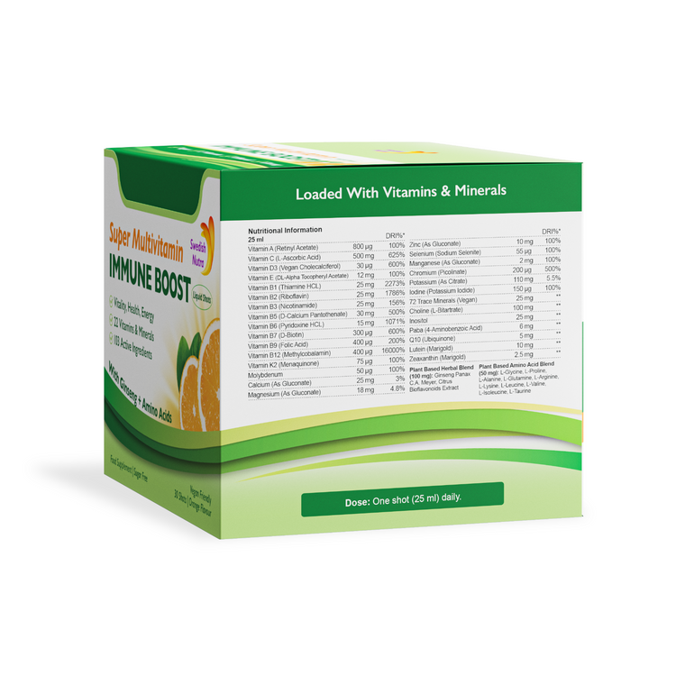 Swedish Nutra Super Multivitamin Vegan Immune Energy 30 Liquid Shots of 25ml Hal